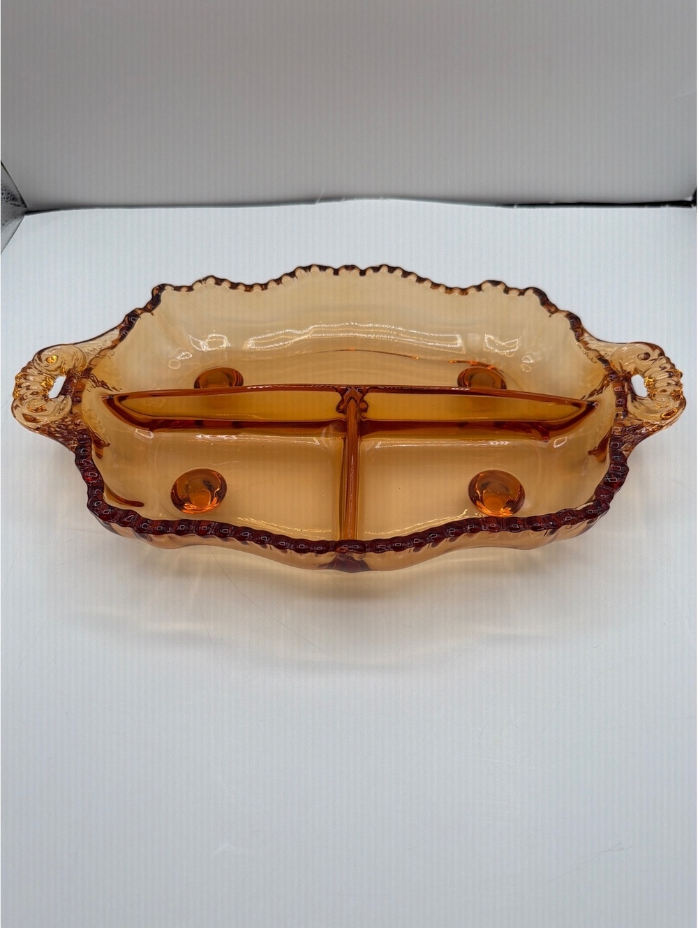 Vintage Fostoria Baroque Amber Glass 3-Part Relish Dish